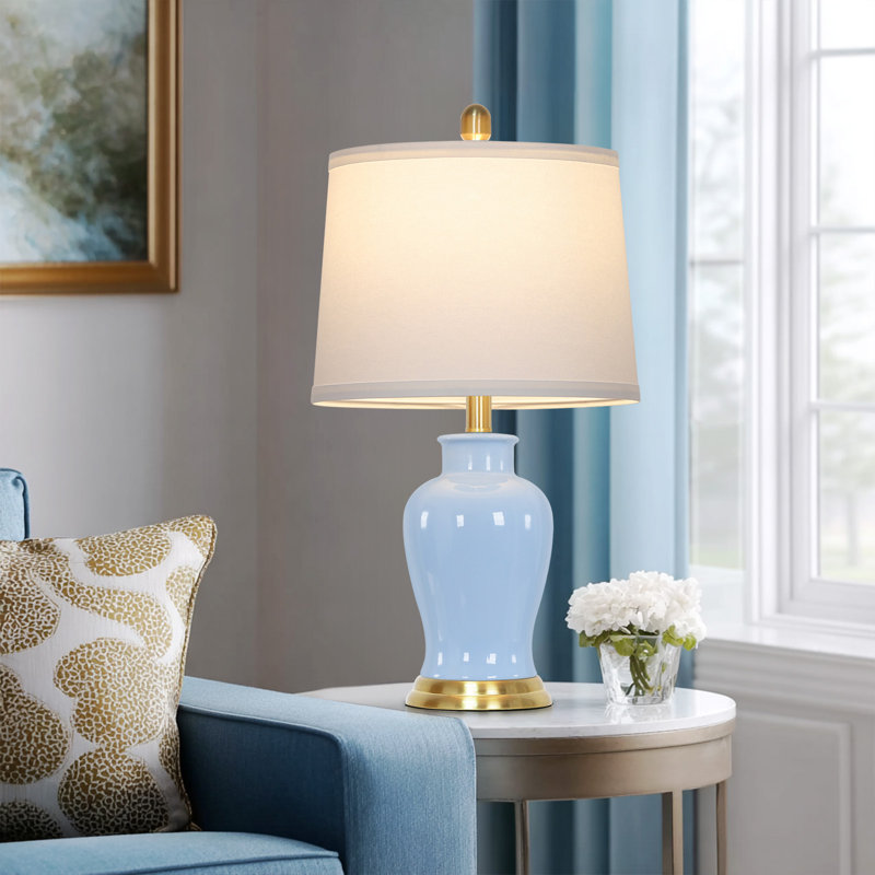 Lampes de table en pot 23 po en céramique avec abat-jour en tissu blanc et ampoules DEL 23 po, Bleu / doré