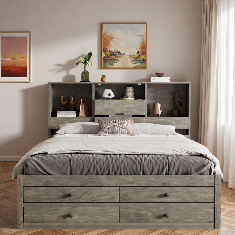 Lit plateforme avec tête de lit avec rangement et 8 tiroirs, gris, Grand