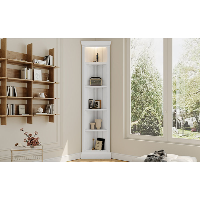 Étagère d'angle moderne de 83,4 po de hauteur, bibliothèque d'angle à 5 niveaux avec DEL, étagère de rangement sur pied, présentoir de plante à angle ouvert pour petit espace de salon, coin mural, bureau à domicile