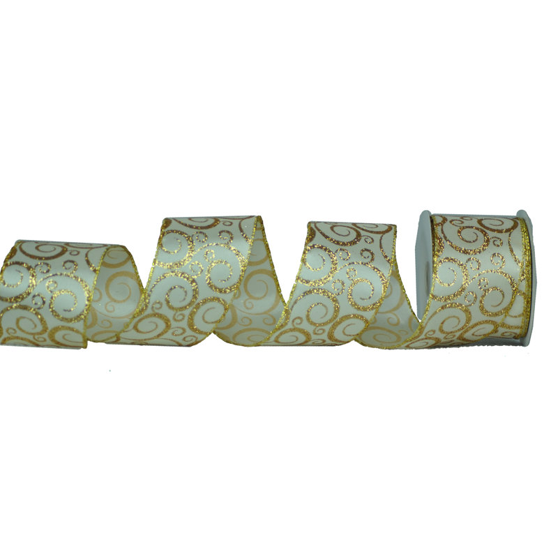 Ruban en tissu 2,5 po, Blanc / Doré