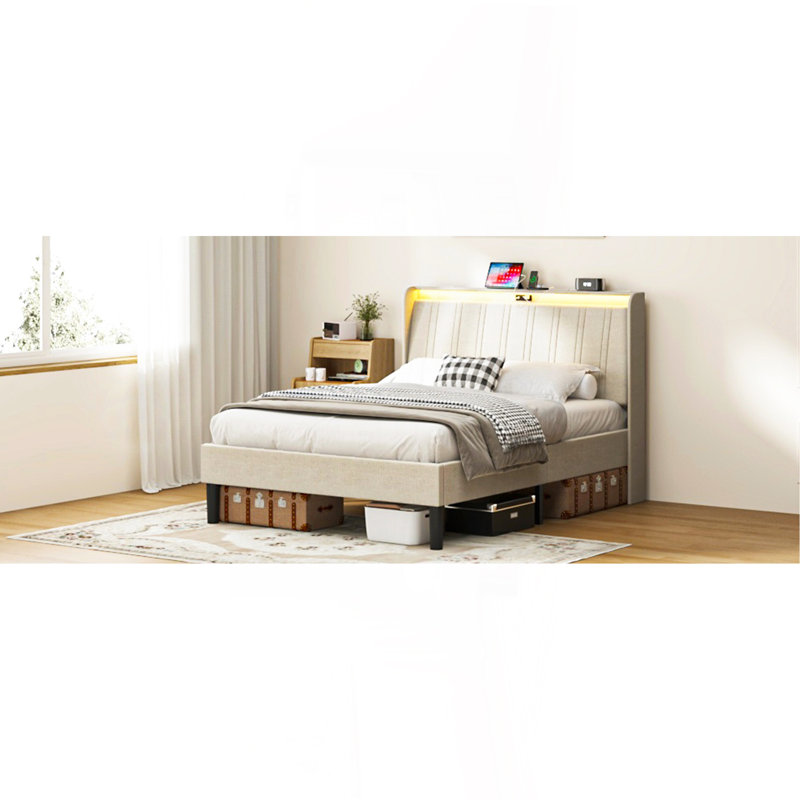 Base de lit plateforme simple avec tête de lit tapissier en tissu et support en lattes de bois, Lit simple