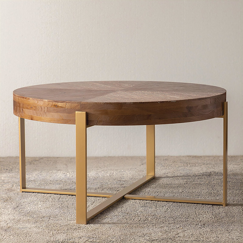 Solid Wood Top Single Coffee Table, Gold, Natural, 17.72" H x 33.86" L x 33.86" W