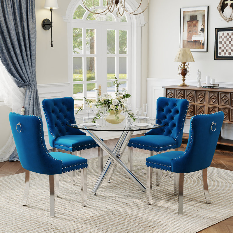 Ensemble de salle à manger à piédestal rond 5 pièces avec chaise capitonnée en velours pour salle à manger et salon, Bleu