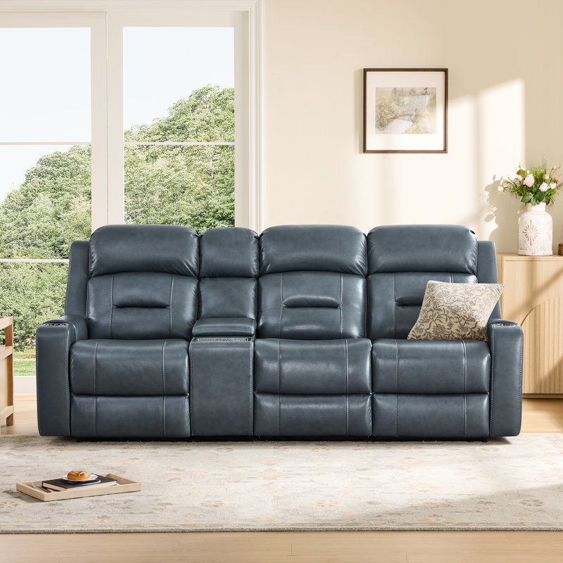 Olathe Genuine Leather Dual Motor Power Reclining Lay Flat Sofa With Power Headrest, Navy