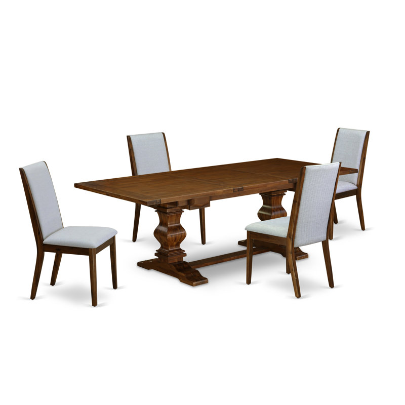 L'ensemble de mobilier de salle à manger 5 pièces comprend une table rectangulaire en bois avec rallonge amovible et 4 chaises rembourrées en tissu de lin gris, noyer antique