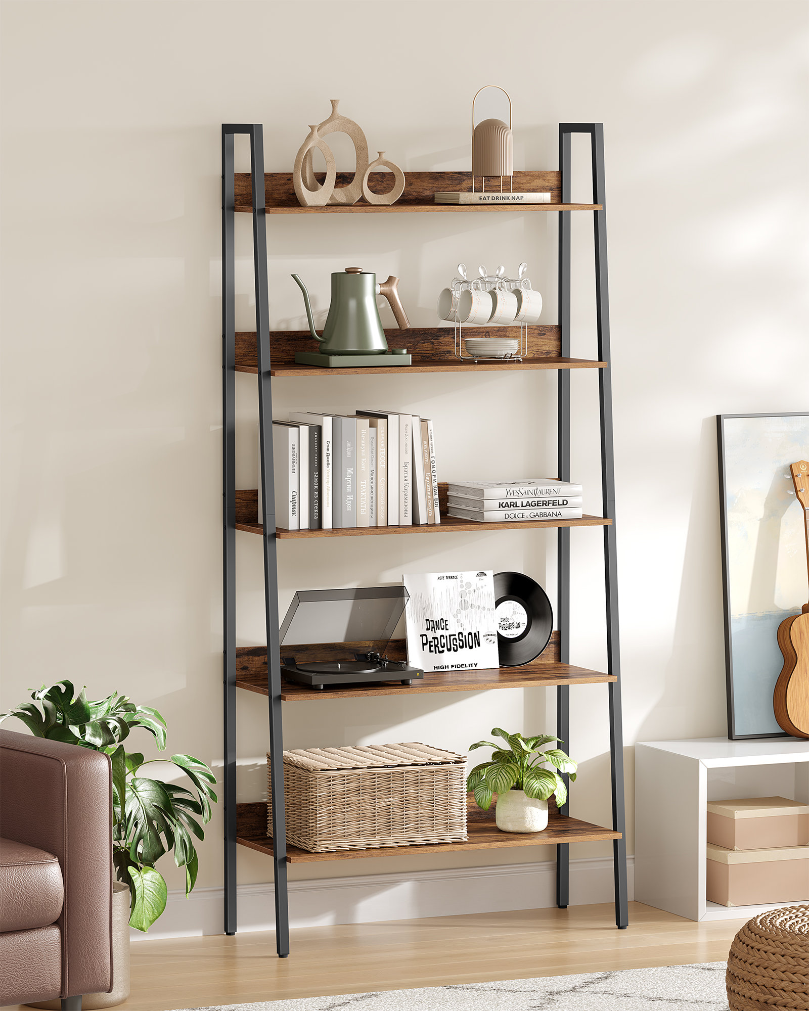 Ladder Shelf 5 Tier Narrow Shelf Bookshelf For Home Office Living Room Bedroom Kitchen Industrial Rustic Brown And Ink Black