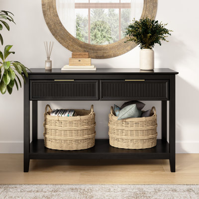 Narrow Console Table with Drawers and Shelf, Fluted Design, Modern Wood, Onyx Birch