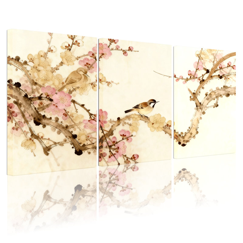 Birds Birds On Plum Blossom Branches, ensemble de 3 impressions sur toile, H 24 po x l 48 po