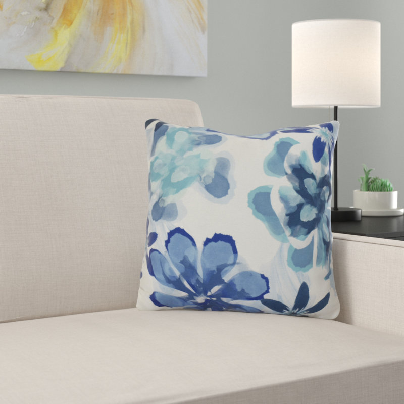 Blue and White Floral Square Outdoor Pillow, 16"