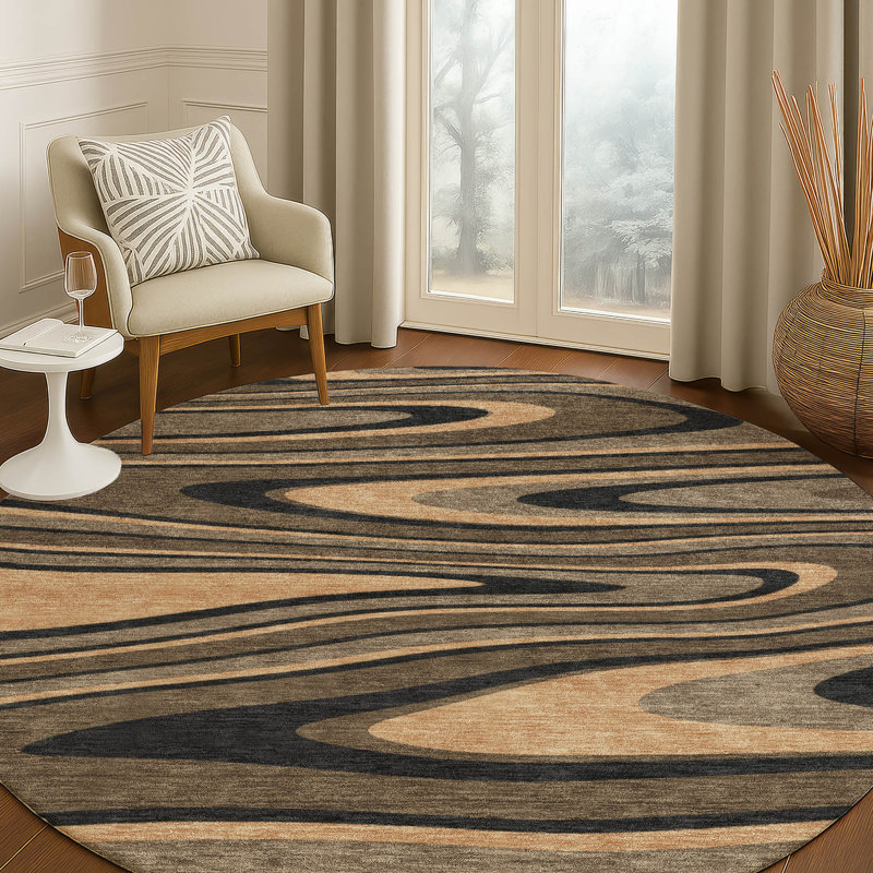 Machine Washable Indoor/Outdoor Chantille ACN2493 Abstract Rug, Chocolate, 8' Round