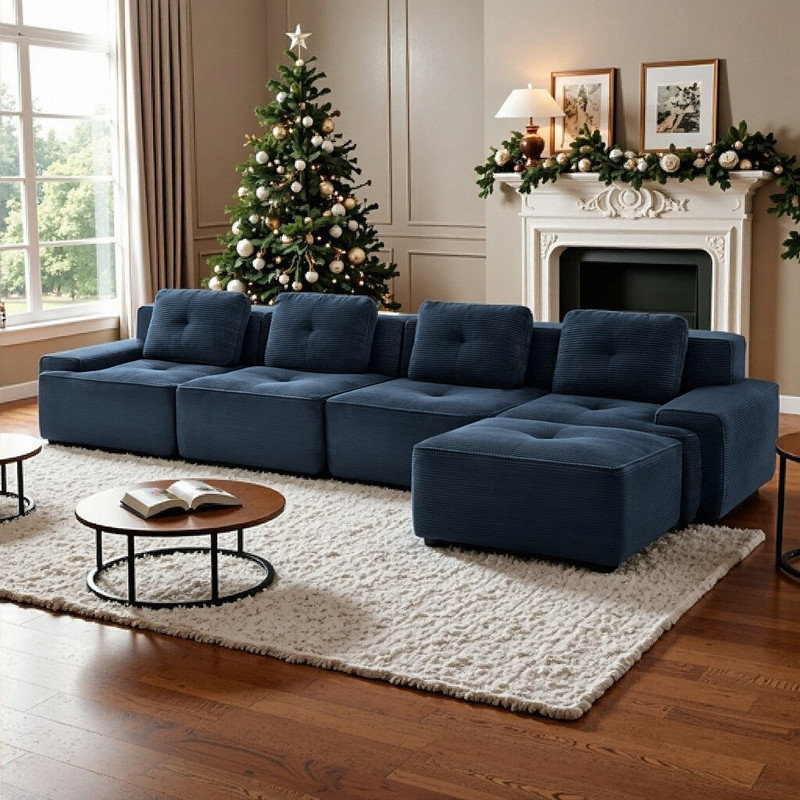 Mobilier de salon modulaire en forme de L de 153 po avec repose-pieds 4 places, Bleu