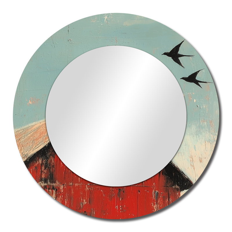 Swallows Birds Over The Red Barn I - Miroir d'appoint mural moderne - imprimé sur métal, 23 po x 23 po