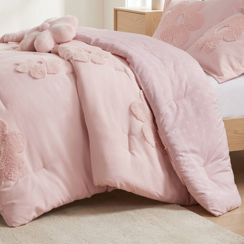 Ensemble d'édredon en chenille touffeté à motif floral rose, ensemble de literie pour lit double / grand réversible 4 pièces avec coussin décoratif floral, antimicrobien