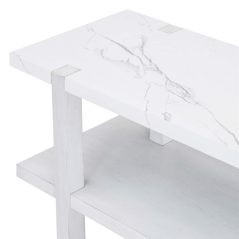 Console étroite avec plateau en marbre, table d'entrée rétro avec tablette ouverte, Blanc antique