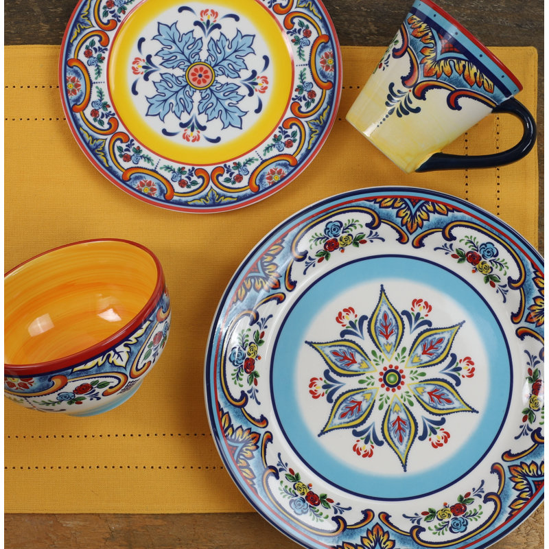 Vibrant Multicolor Ceramic Floral Dinnerware Set, Service for 4