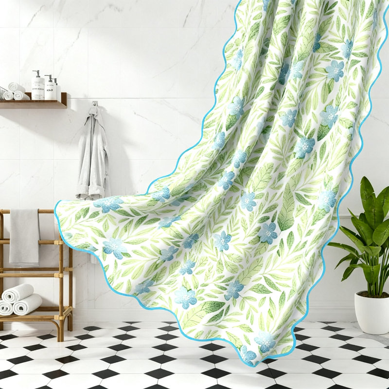 Rideau de douche floral festonné, motif de fleurs et de feuilles, rideau de bain en tissu imperméable avec crochets pour des thèmes de salle de bain modernes et botaniques, (vert)