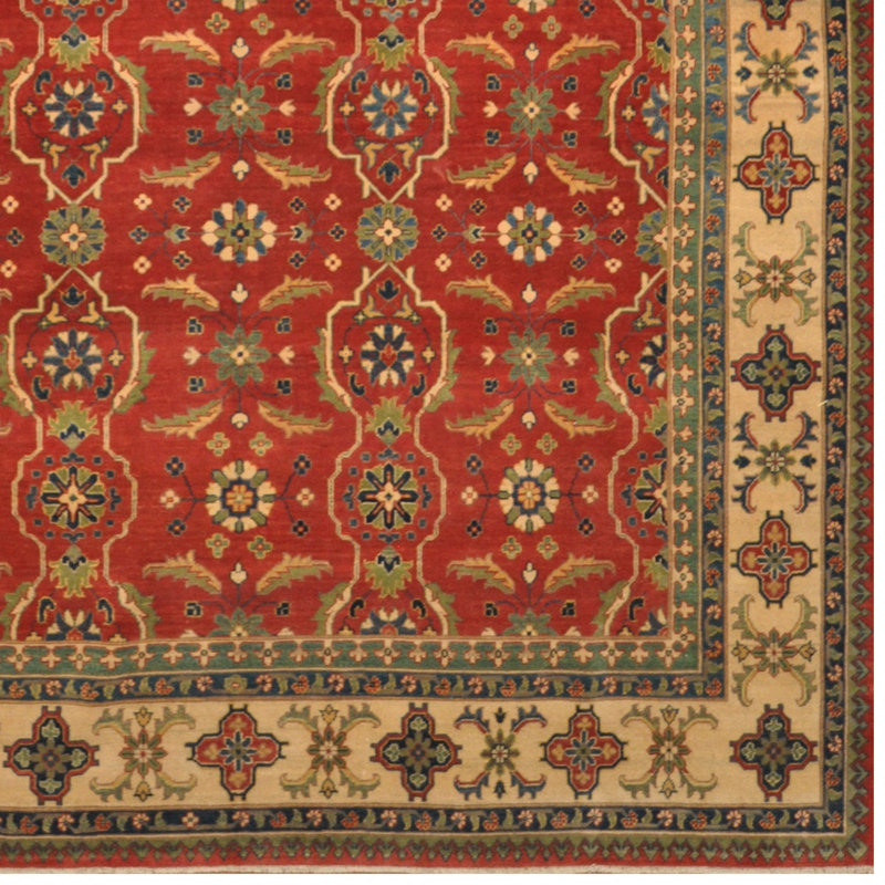 Tapis unique en laine noué à la main style Kazak rouge / beige / vert 8 pi 6 po x 11 pi 9 po Jevon