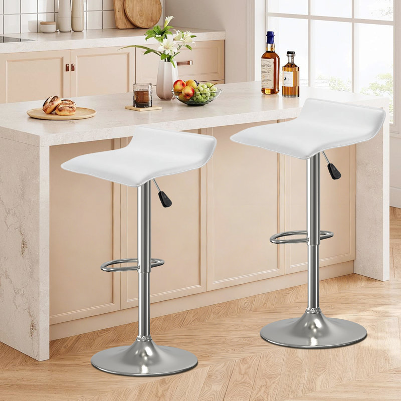 Ensemble de 2 tabourets de bar en cuir Pu Modern Airlift, Siège blanc / cadre argenté