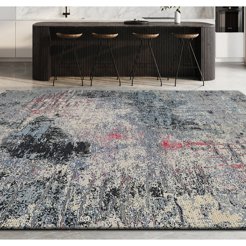 Tapis gris / rouge / bleu noué à la main de haute qualité, Rectangle 9 pi x 12 pi