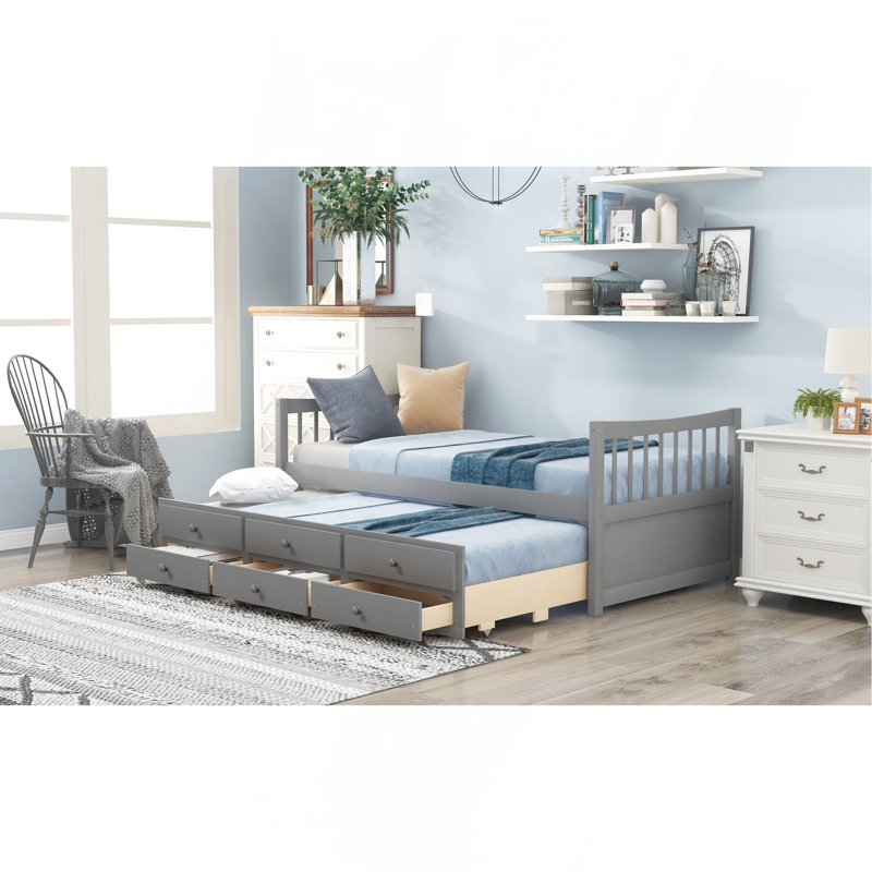 Daybed With Trundle And Drawers, Twin Size, Gray