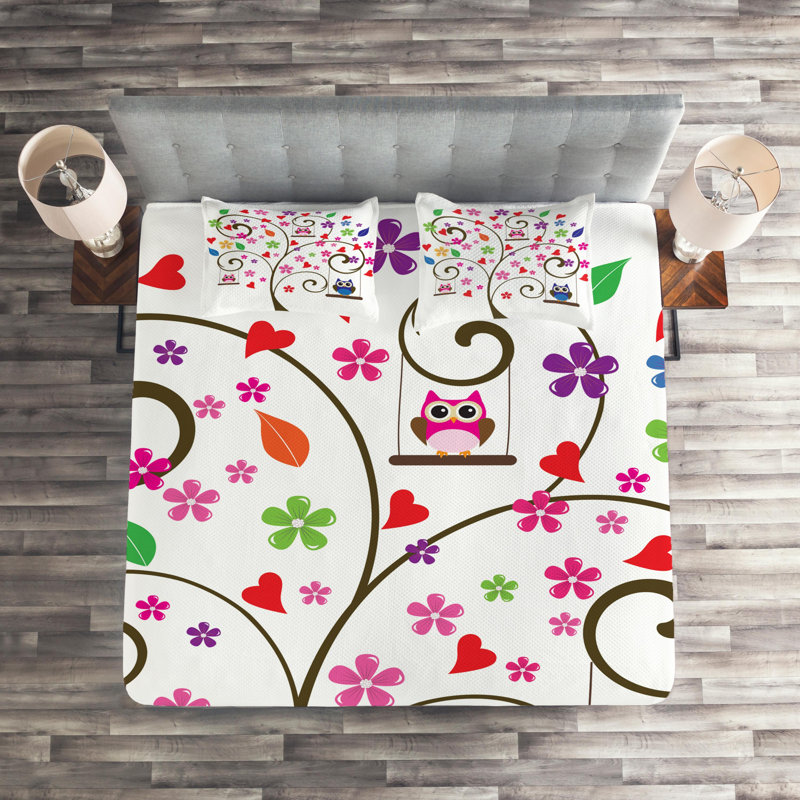 Owl Polyester Floral Coverlet, King Bedspread + 2 Shams