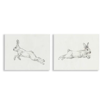 Pencil Sketch Rabbit Jumping 2 PC Wall Plaque Art Set by Ethan Harper