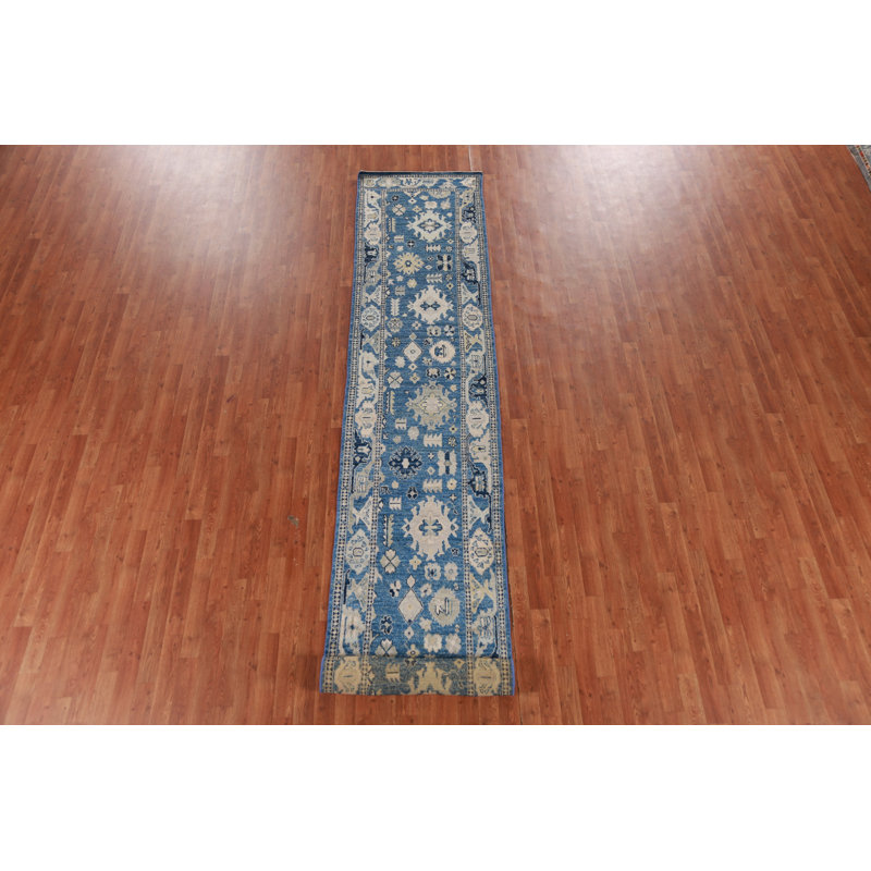 Tapis de couloir bleu à motif géométrique Oushak
