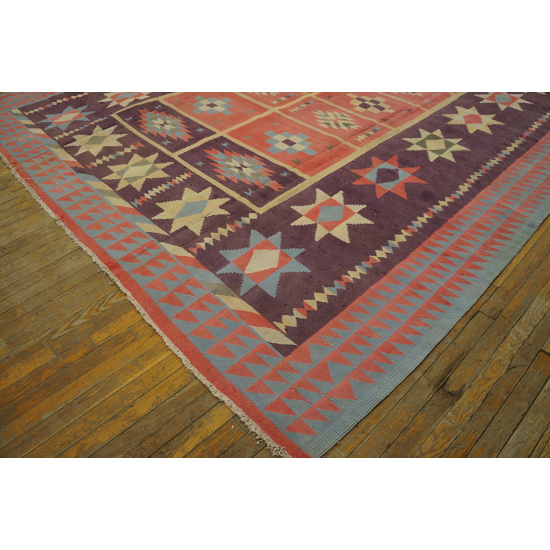 Vintage Mid Century Modern Geometric Indian Flatweave Cotton Dhurrie Rug