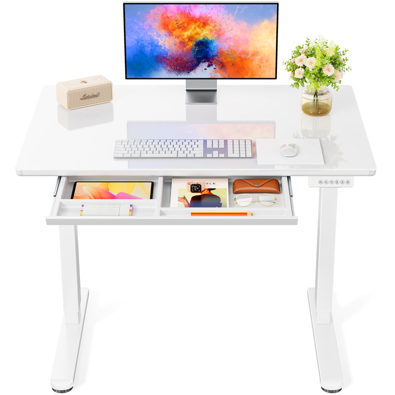 Glass Standing Desk with Writable Surface and Built-In Storage Drawers, Adjustable Height, White, 28.3" H x 39.4" W x 23.6" D