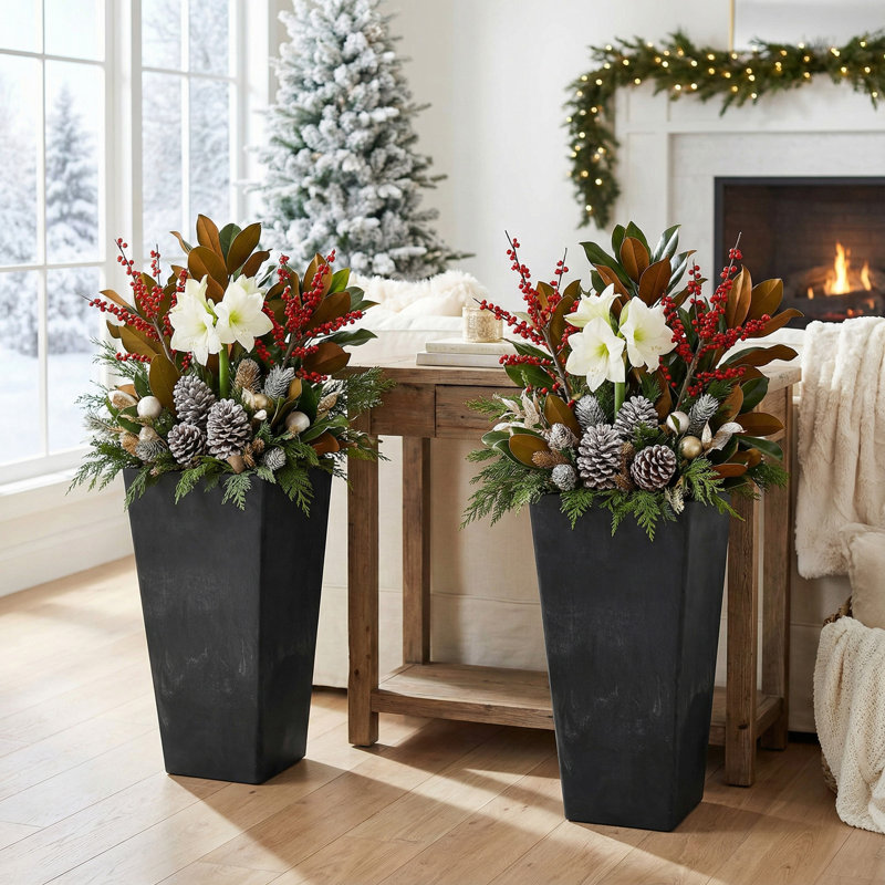 Cara Composite Pot Planter Set with Water Trays, Black