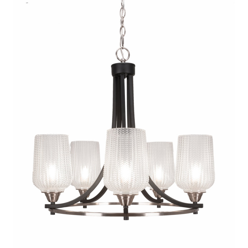 Lustre 5 lumières Paramount illustré en noir mat et finition nickel brossé avec verre texturé de 5 po, Blanc