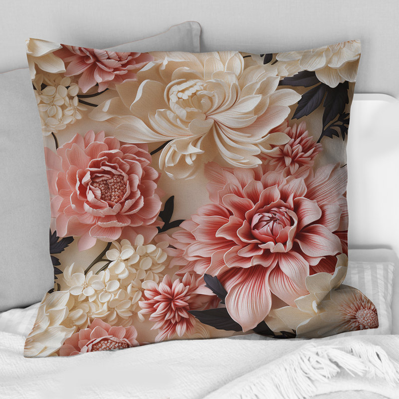 Coussin décoratif rose et blanc à pivoines délicates - imprimé floral, H 16 po x l 16 po