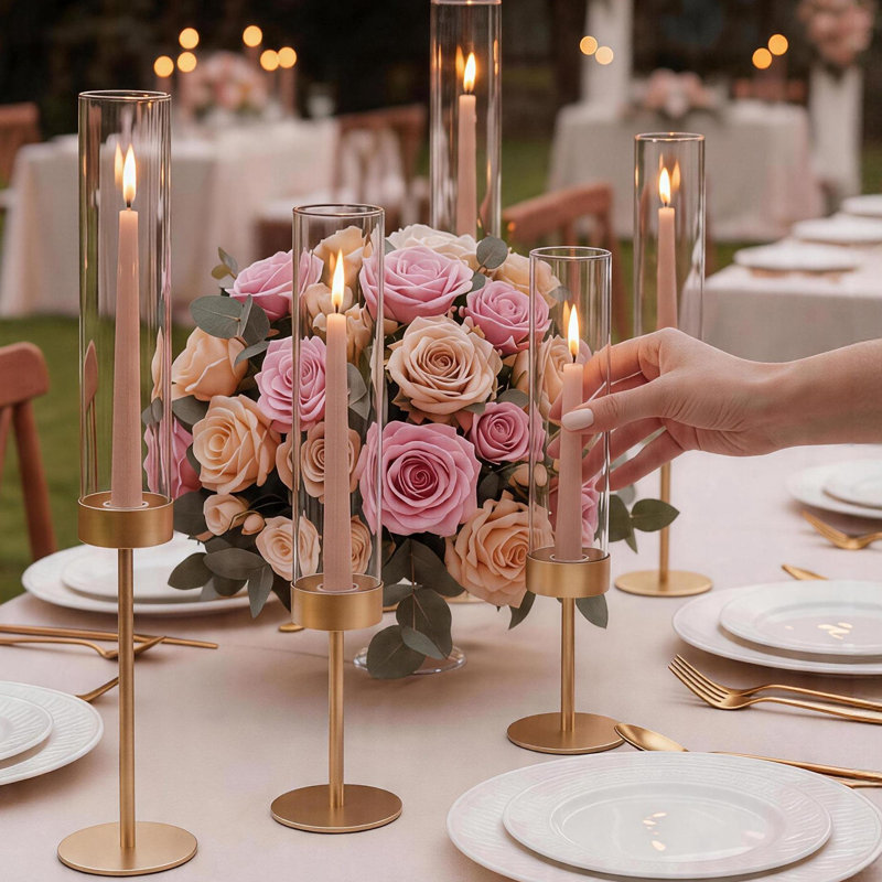 Hurricane Candle Holders, Gold Metal Stand with Clear Glass Cylinders, Elegant Tiered Centerpieces Wind Protection for Wedding, Table Centerpieces, Party, Home Decor, Modern Style