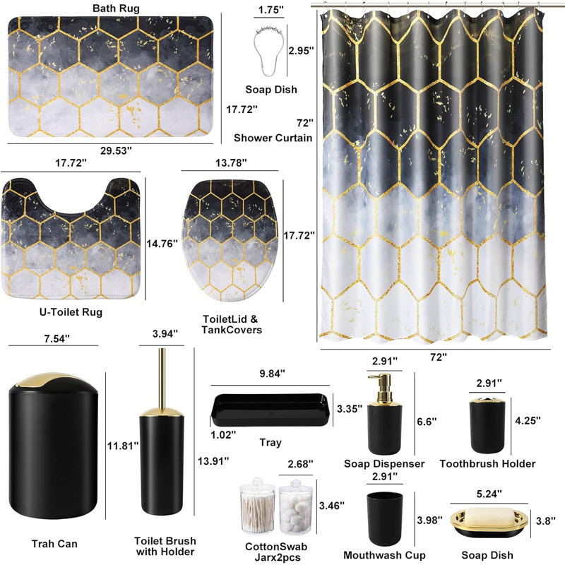 Ensemble de salle de bain 25 pièces noir et doré avec tapis de rideau de douche et tapis de bain en mousse viscoélastique