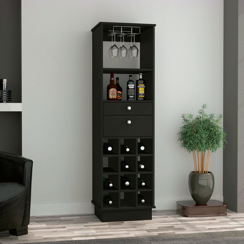 12-Bottle 2-Drawer 1-Shelf Bar Cabinet, Black