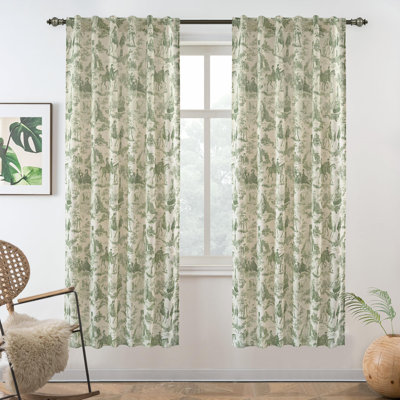 100% Blackout Toile Linen Curtains for Bedroom Double Layer Farmhouse French Country Vintage Printed Pattern Thermal Sound Lined Back Tab Living Room Drapes  2 Panels