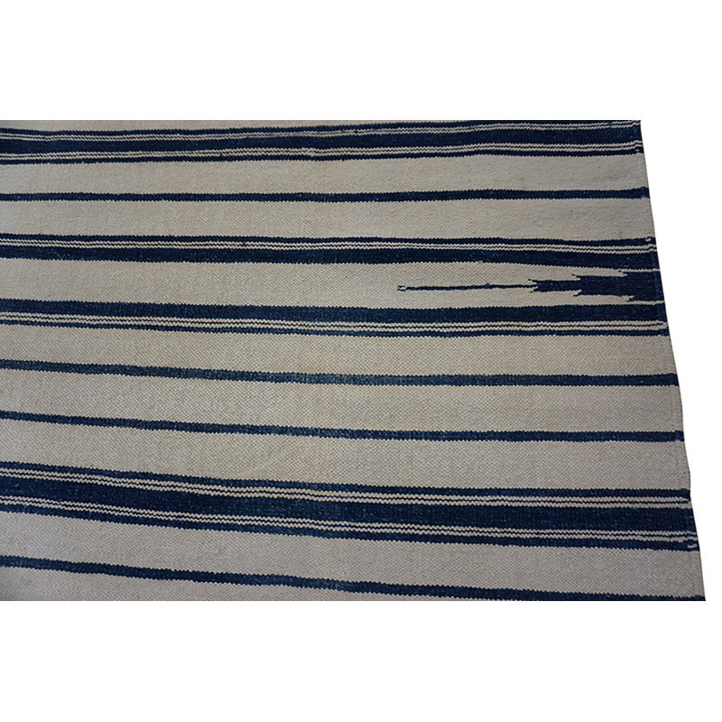 White With Blue Geometric Stripes Antique Flatwoven Room Size Indian Dhurrie Rug