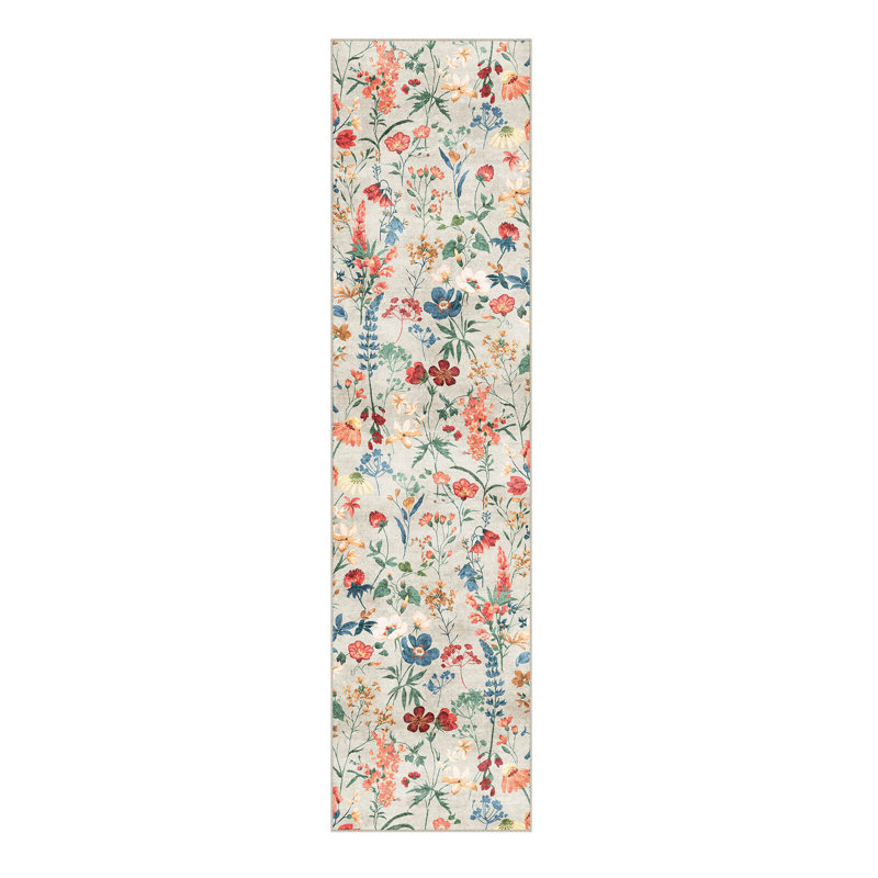 Tapis floral lavable à la machine avec envers antidérapant, Tapis de couloir 2 pi x 8 pi, Beige
