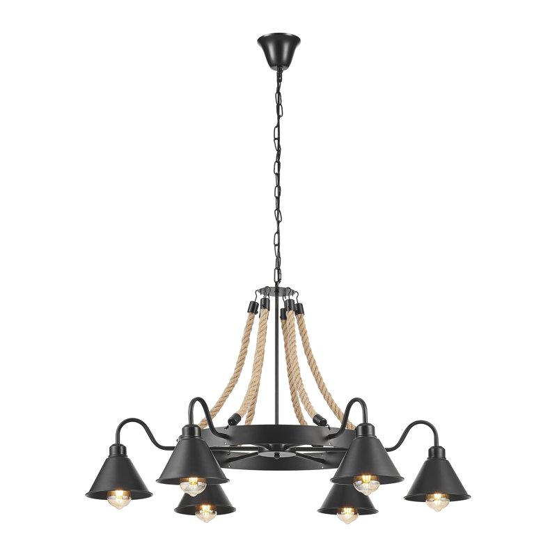 Lustre noir 6 lumières en acier et cordes