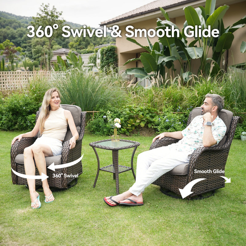 Gray Wicker Swivel Glider Chair with Beige Cushions and Fire Pit Table