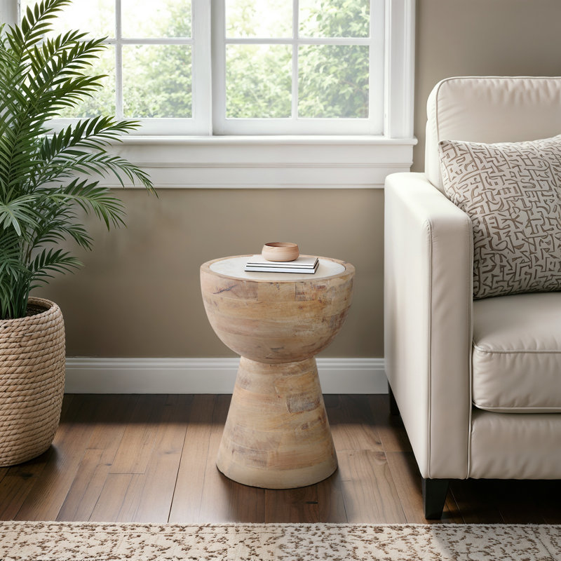 Mango Wood and Marble Accent Table - Modern Sculptural Side Table, Natural, White