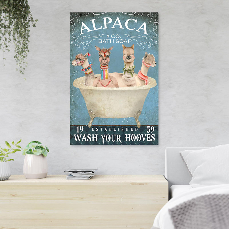 «Sheeps On A Bath - Alpaca Bath Soap Wash Your Hooves», reproduction d'art graphique sur toile tendue