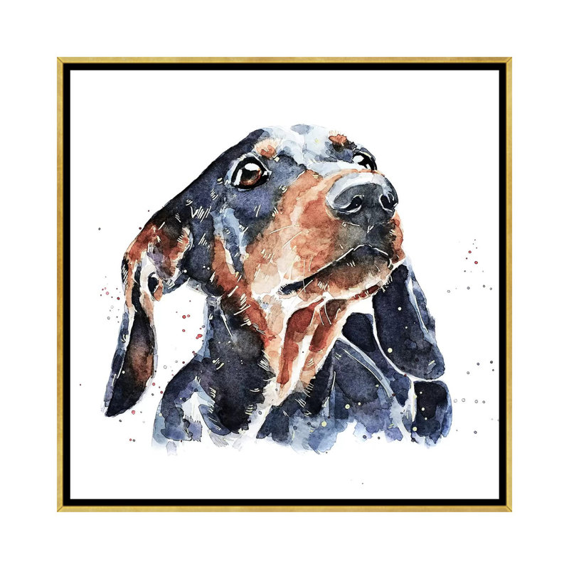 Teckel noir et brun clair par Edwatercolours-impression, Pas de tapis, H 26 po x l 26 po x P 1,5 po, Toile encadrée d'or