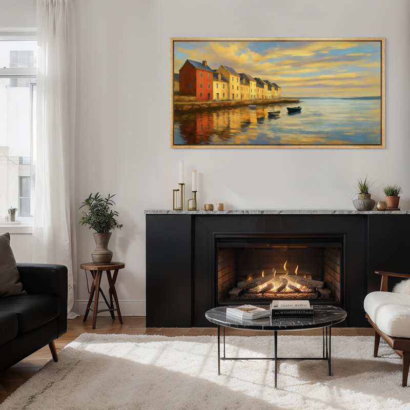 «Sunset Harbor Village», toile encadrée - Art mural de reflets côtiers dans des tons chauds, Naturel, H 30 po x l 60 po