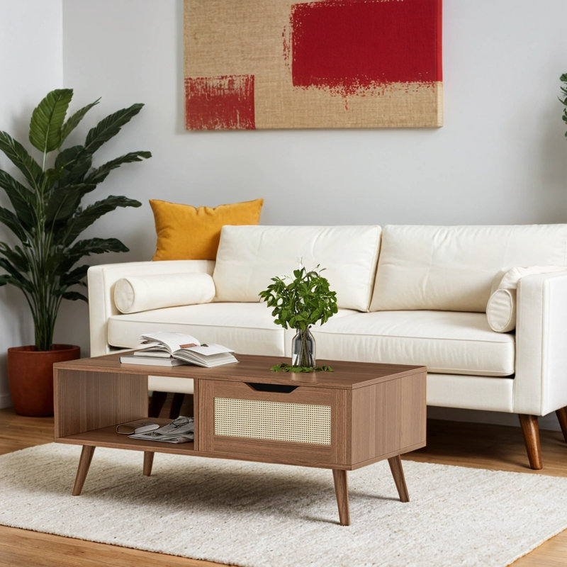Table basse en rotin 39 po, table basse avec tiroir et tablette Boho, Brun