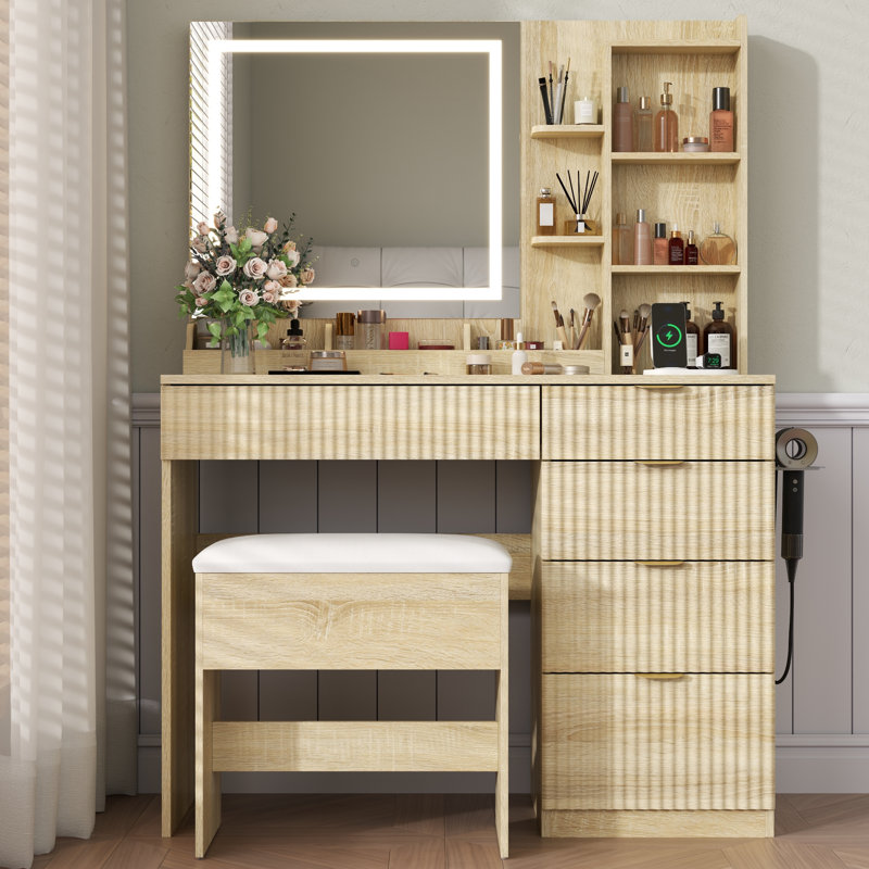 Bureau de coiffeuse avec grand miroir et lumières à DEL, ensemble de coiffeuse avec 5 tiroirs et chaise, coiffeuse cannelée avec support pour sèche-cheveux et tablette réglable