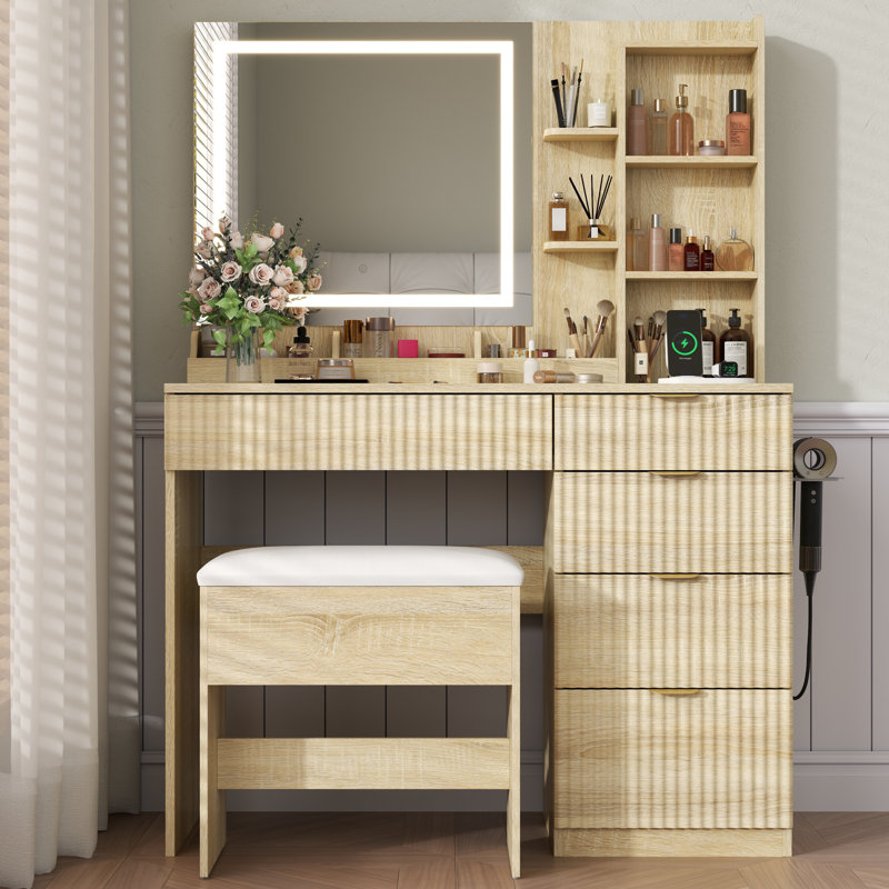 Vanity Desk With Large Mirror And Led Lights，Makeup Vanity Table Set With 5 Drawers & Chair，Fluted Dressing Table With Hair Dryer Holder And Adjustable Shelf