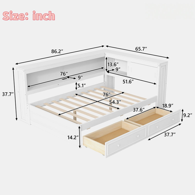 Lit de jour multiple avec tablettes de rangement, USB, DEL et 2 tiroirs, Blanc