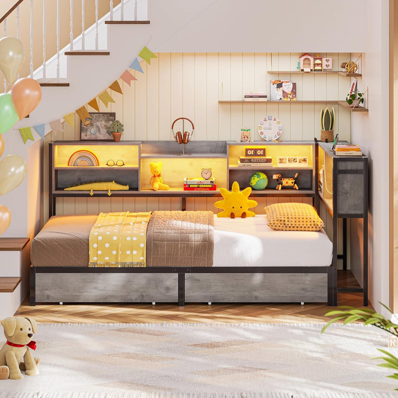 Corner Bed Frame With Storage Bookcase And Led Lights, Daybed With 2 Underneath Storage Drawers And Charging Station For Living Room,bedroom & Guest Room
