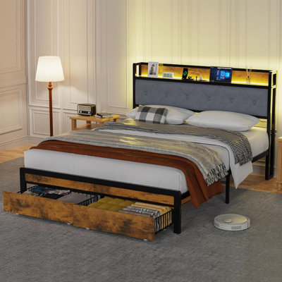 Full Metal Bed Frame with 2 Storage Drawers and LED Lights, Storage Shelf and Charging Station, No Box Spring Needed